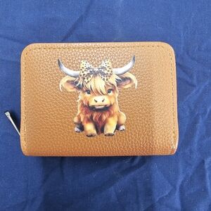 Brown Leatherette Wallet with Cute Cow Graphic